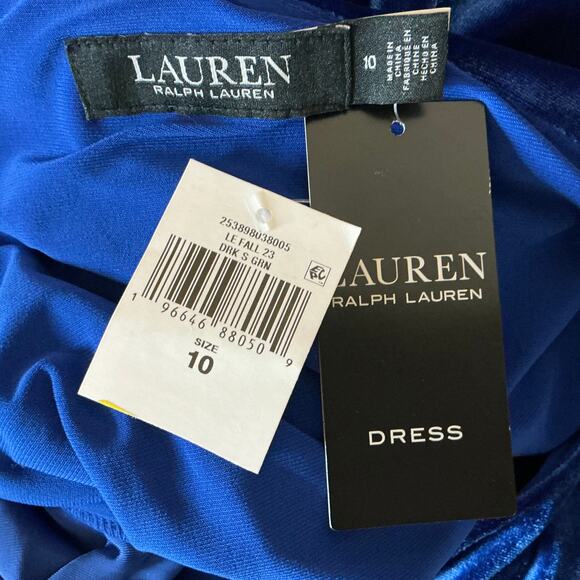 Velvet Long Sleeve Cocktail Dress Blue Size 10 Ralph Lauren Side Slit Sheath - Picture 10 of 14